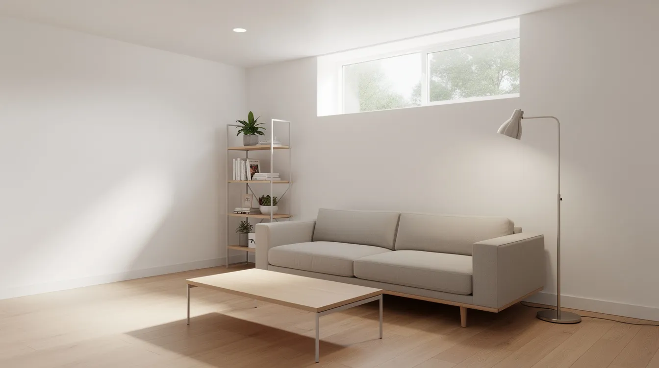 24cea1457eb9495b8753d901de77139a The image depicts a bright basement room featuring a large egress window that allows natural light to fill the space complemented by simple modern furniture This functional space could serve as an additional living space or guest bedroom in a tiny house showcasing the endless possibilities of utilizing tiny house basements for extra storage and comfort