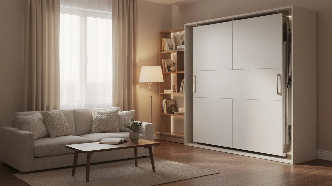24d7273c68b34ef0808dff29c3ecc0e0 The image depicts a Murphy bed neatly folded into a wall cabinet showcasing a cozy living area with a small dining table and comfortable seating This efficient use of space exemplifies tiny house furniture ideas maximizing floor space while maintaining a warm and inviting atmosphere
