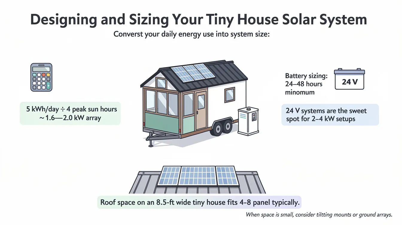 24f0cc9f05ce4849a562021ff30a35d9 The image showcases a tiny house solar setup illustrating how to design and size a solar system based on daily energy use with calculations for the necessary solar array and battery sizing It features a compact roof space accommodating 4 to 8 solar panels emphasizing the importance of optimizing space for effective energy generation