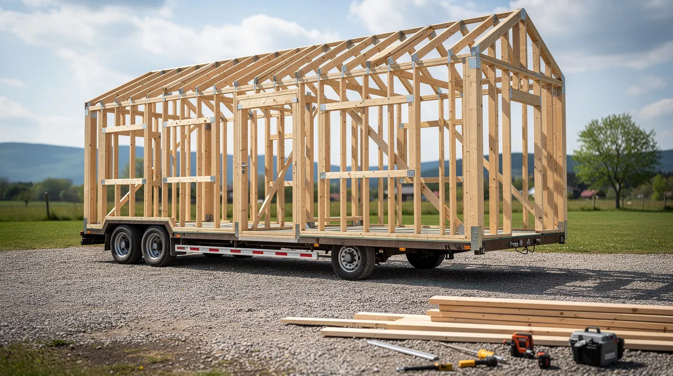 25164ab0812f4e7d8922c3f7ad1645d0 The image depicts a wooden tiny house frame skeleton showcasing the wall and roof framing positioned on a flatbed trailer in an outdoor environment This tiny house on wheels is ready for the next steps in the building process emphasizing the structural integrity and design plans for a compact living space