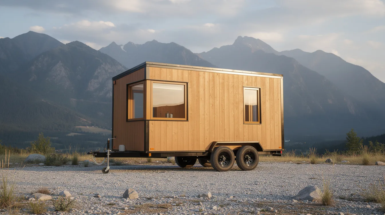 25417fa36f094fd3b4c9634e17d53db6 A compact tiny house on wheels is parked on a gravel surface with majestic mountains in the background showcasing the essence of tiny house living in Washington state This scene highlights the appeal of tiny homes often used as primary residences or accessory dwelling units in rural zones while emphasizing the local building permits and zoning regulations that apply