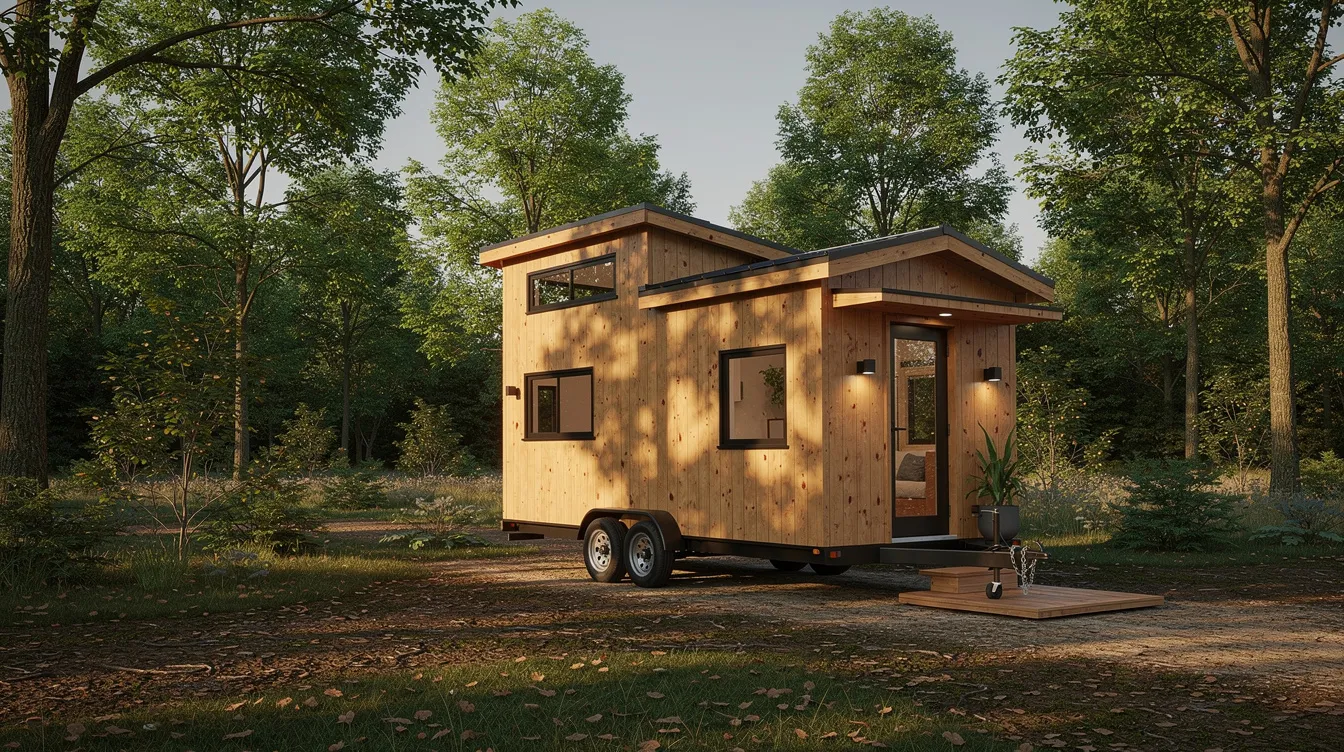 259d97cd9bda41aeafb67a0044376142 An exterior view of a cozy tiny house on wheels is set amidst lush trees showcasing its wooden structure and charming design This tiny home features a small footprint ideal for living small with ample storage space and a porch that enhances its appeal in the natural setting