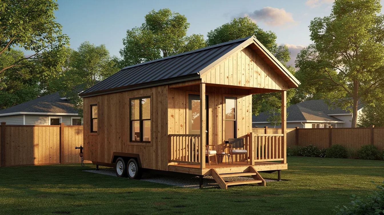 261bc922992c40559212d83a19b59f62 A small wooden tiny house with a charming porch is nestled in a suburban backyard surrounded by trees showcasing the essence of tiny home living This proposed tiny house exemplifies the growing trend of the tiny house movement appealing to those interested in minimalism and sustainable living