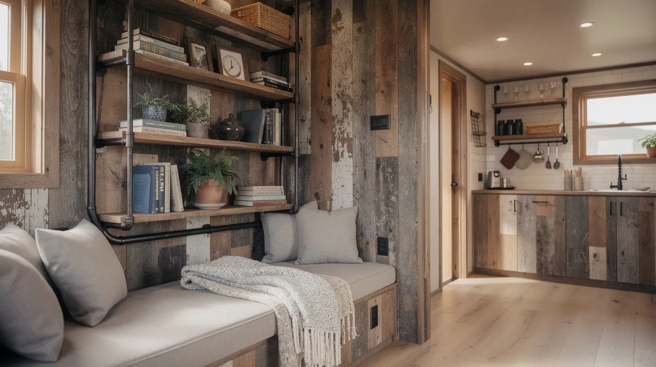 26515fa0874a4f9b9f91cc9143c6bf77 The interior of a tiny house features exposed metal pipe shelving and distressed wood walls creating a cozy and inviting atmosphere Natural light streams through the windows highlighting the modern farmhouse charm and maximizing the small space's airy feel.