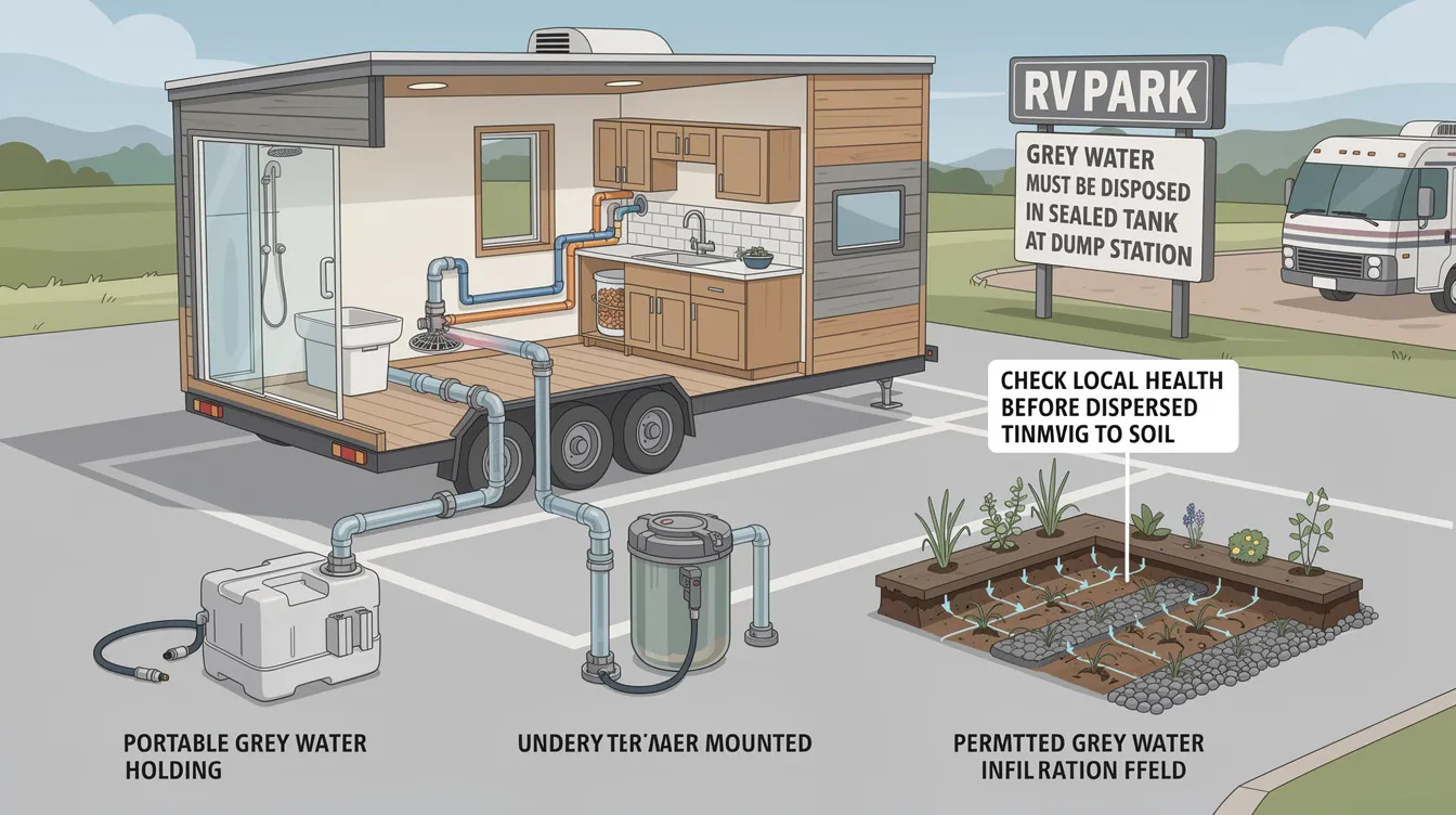 26f516cd7ffa48838086e780454e0f4b The image illustrates a grey water system designed for tiny houses showcasing components like a portable holding tank and filtration devices for reusing water from sinks and showers for irrigation This system highlights the efficient use of water in tiny living emphasizing how tiny house plumbing can effectively manage waste water while following local health regulations