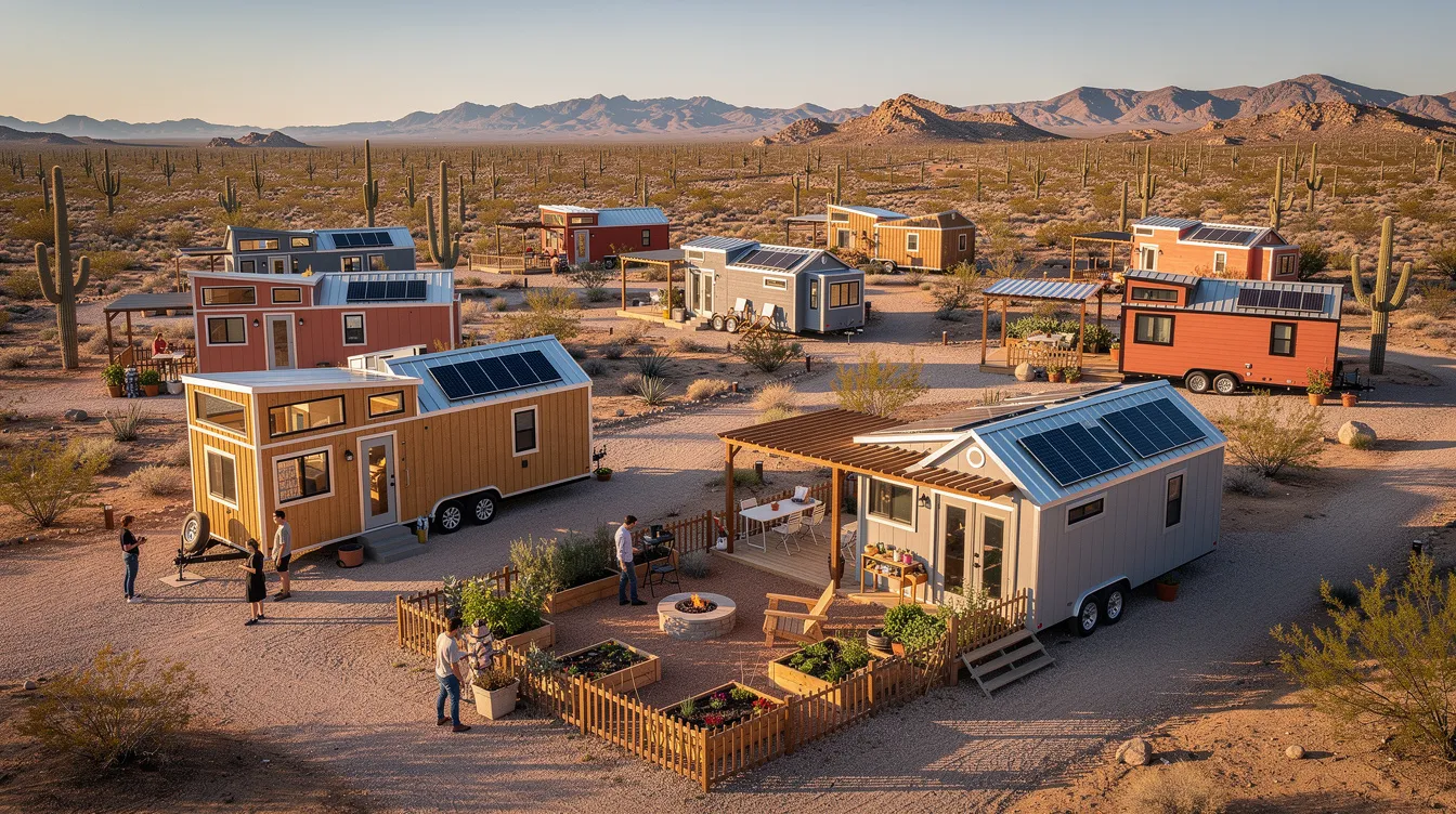 2719ec5421c94d0bb9aea08b66b9ffc9 The image showcases a vibrant tiny house community in Arizona featuring several colorful tiny homes nestled among lush greenery and community gardens Residents engage in tiny living enjoying shared amenities like pickleball courts and nature trails creating a supportive and connected environment in this unique tiny house village