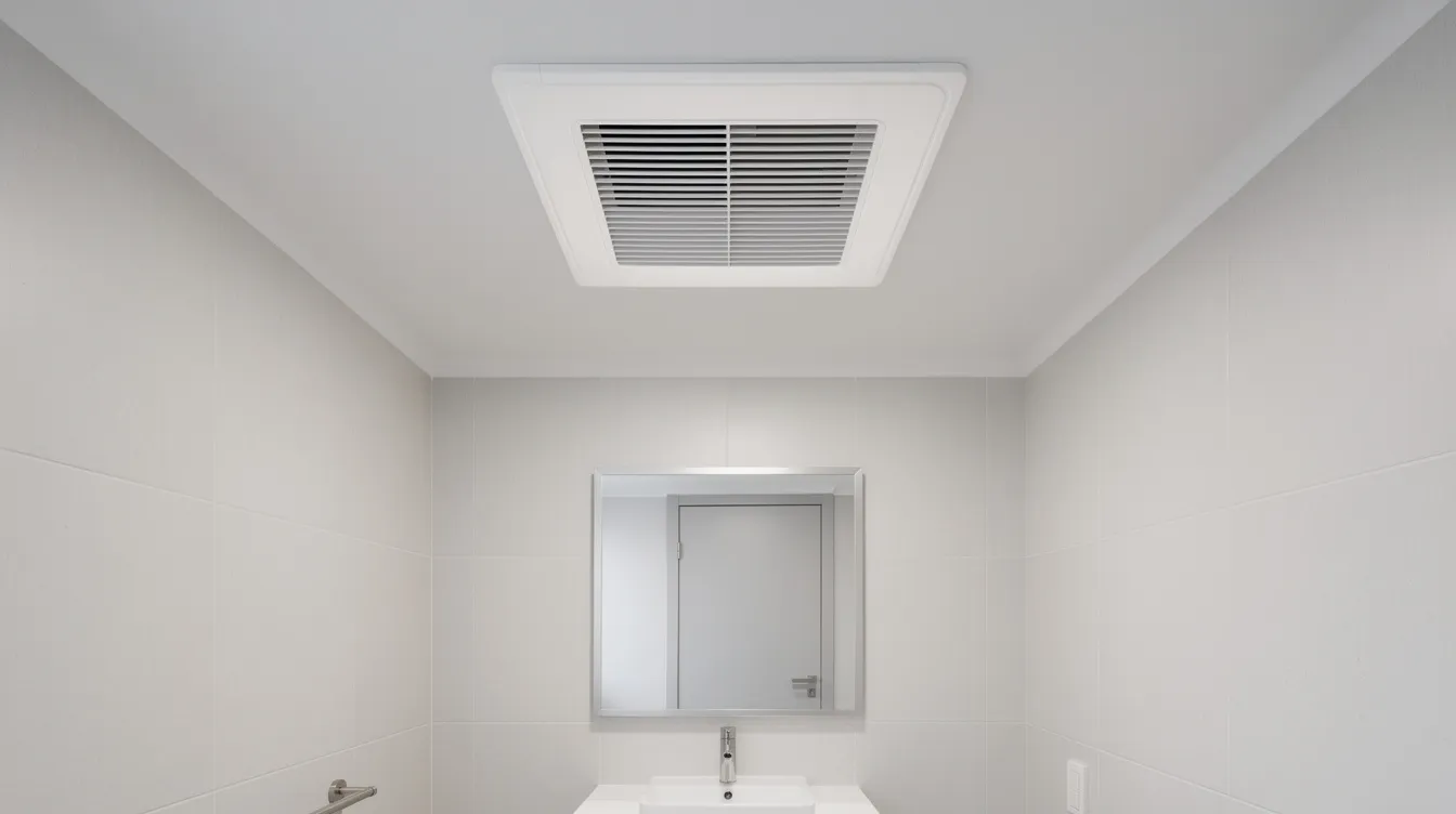 2772baa828134e3e94d8b73b38b9f92b The image shows a bathroom exhaust fan vent mounted on the ceiling of a small bathroom designed to circulate air and prevent moisture buildup This essential feature helps maintain air quality and reduce indoor humidity contributing to mold prevention in tiny homes