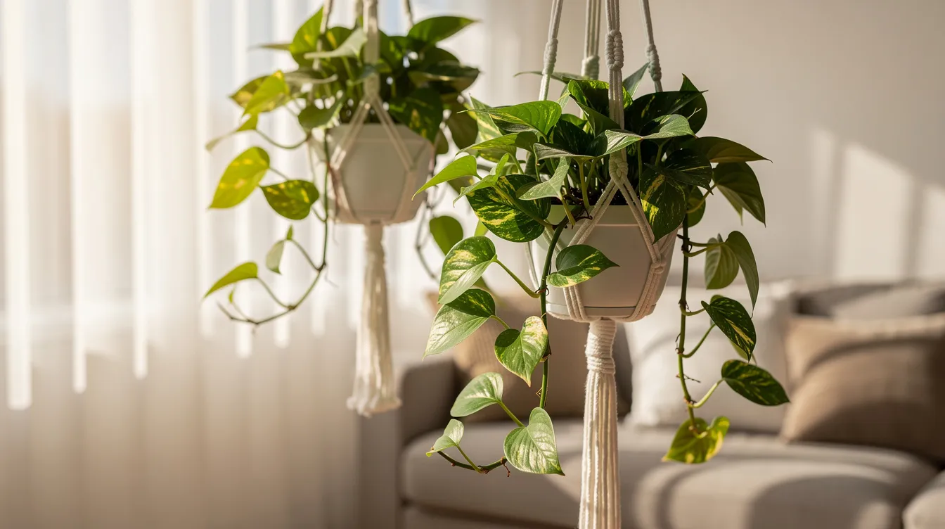 2823f6bd044347b5b1240af895941872 The image features lush green pothos plants hanging in macramé holders near a sunny window adorned with sheer curtains that filter natural light creating a cozy and boho atmosphere in a tiny house This inviting scene showcases the beauty of indoor plants and the warmth of a well lit space perfect for relaxation and escape