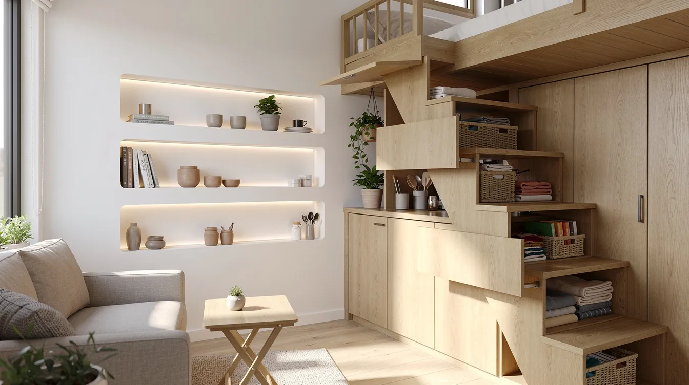 282c68d4f023433587cacc2e7ca3df53 The image shows the interior of a tiny house featuring innovative built in storage solutions under wooden stairs and in wall niches maximizing space for tiny living This design exemplifies how proper planning can create efficient storage areas while maintaining a cozy atmosphere in a tiny home