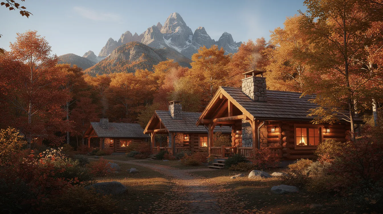 283f366750df4cbb9b455046584b3c72 The image depicts cozy wooden cabins nestled among vibrant autumn trees with a majestic mountain backdrop creating a serene atmosphere perfect for tiny living in Vermont These tiny homes are surrounded by nature inviting visitors to experience the tranquility of the community