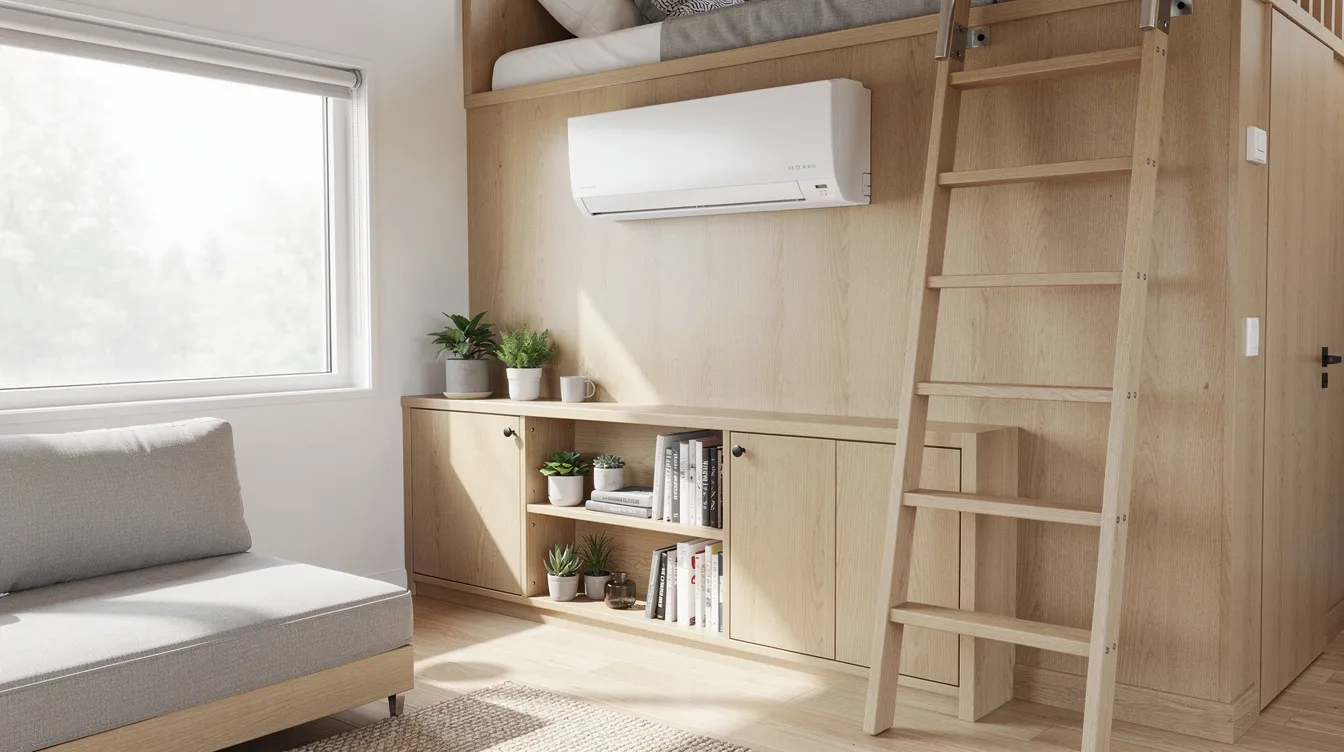 28f78dddf5574b2cb20248abfcac1d88 The image depicts the interior of a tiny home featuring a slim wall mounted mini split air handler positioned near a loft ladder showcasing an efficient heating and cooling solution ideal for compact spaces This ductless mini split system provides effective temperature regulation and air circulation enhancing the comfort of tiny home living without requiring space consuming ductwork