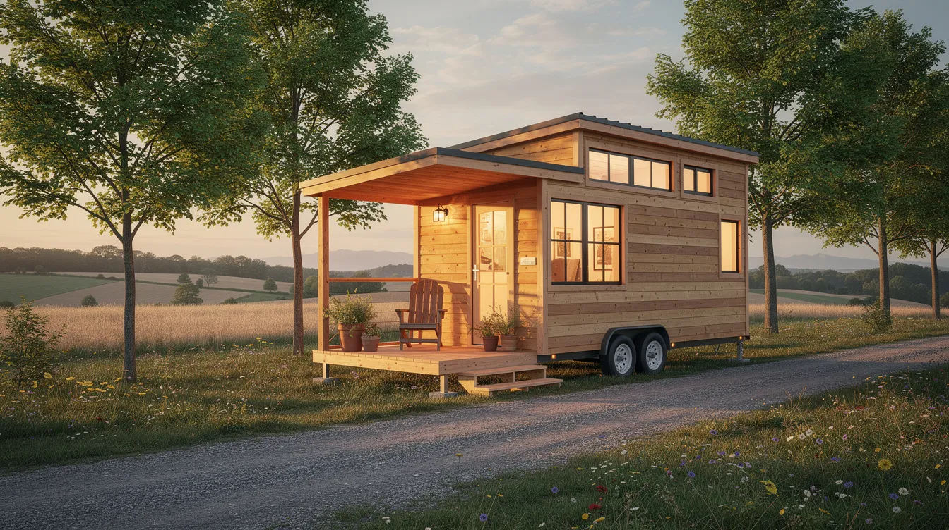 29b3c1f5d0f647f88b84705d0baa7d02 The image depicts a cozy tiny house on wheels nestled in a serene rural setting surrounded by trees This tiny home part of the tiny house movement showcases a sustainable lifestyle highlighting the beauty of nature while offering a comfortable living space for tiny house owners