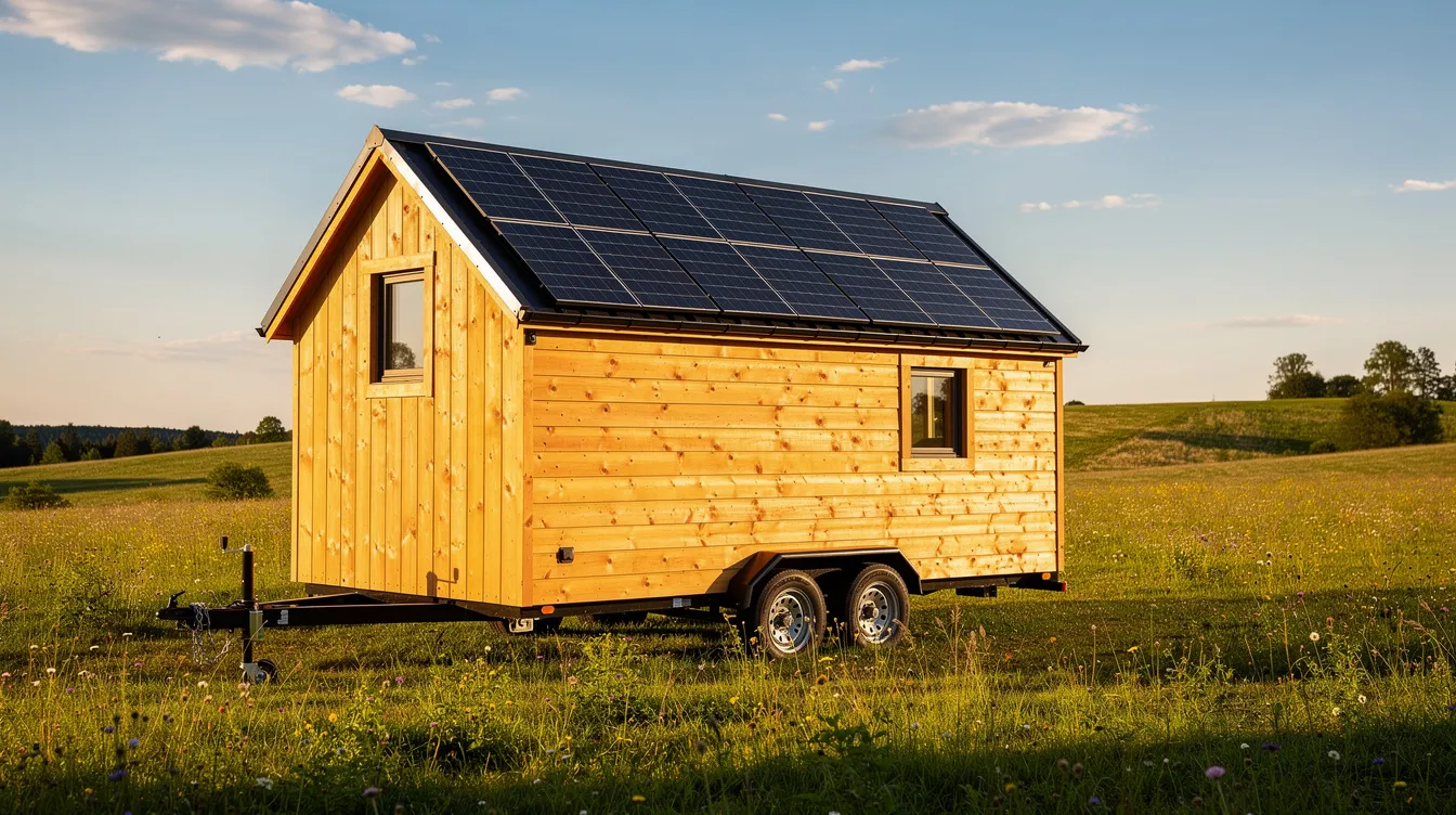 2ad84dc7b1914abb93ee2d97e3f1fe33 A small wooden tiny house on wheels is parked in a sunny meadow featuring solar panels mounted on its gable roof This off grid solar power system is designed to maximize energy efficiency and reduce electricity bills for tiny house owners