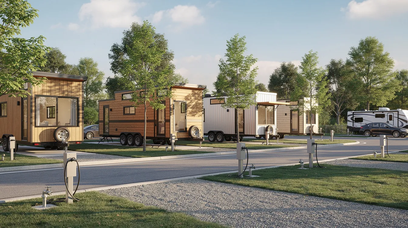 2b8caefe377242998b1ecf688681de7c The image shows an RV park featuring several tiny houses on wheels each placed on individual lots surrounded by trees and equipped with visible hookups This tiny home community exemplifies sustainable living offering a unique alternative housing option within the local zoning regulations of the area