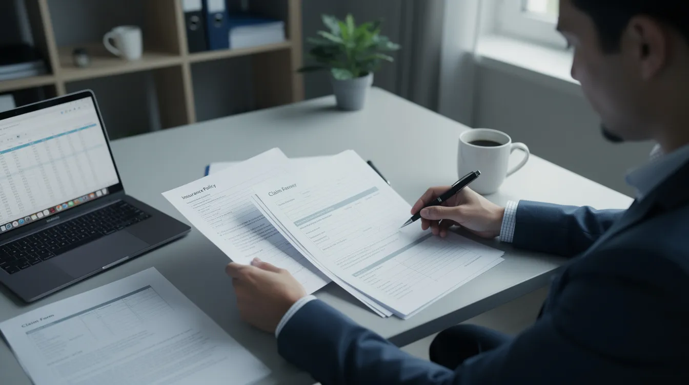 2be49fbeadc548b9938a3da781abba80 A person is seated at a desk carefully reviewing various insurance documents related to tiny house insurance options The scene suggests a focus on understanding coverage limits and liability coverage for tiny homes and other alternative housing