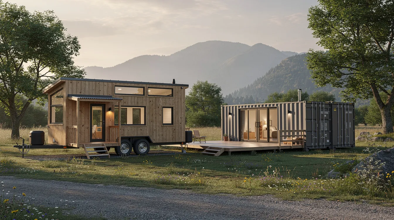 2c7b371e1abd4a5aaba07b5a76d288c9 A tiny house on wheels is parked beside a converted shipping container both situated on a rural property surrounded by trees and mountains This unique setup showcases the versatility of shipping container homes offering spacious living areas in a serene outdoor environment