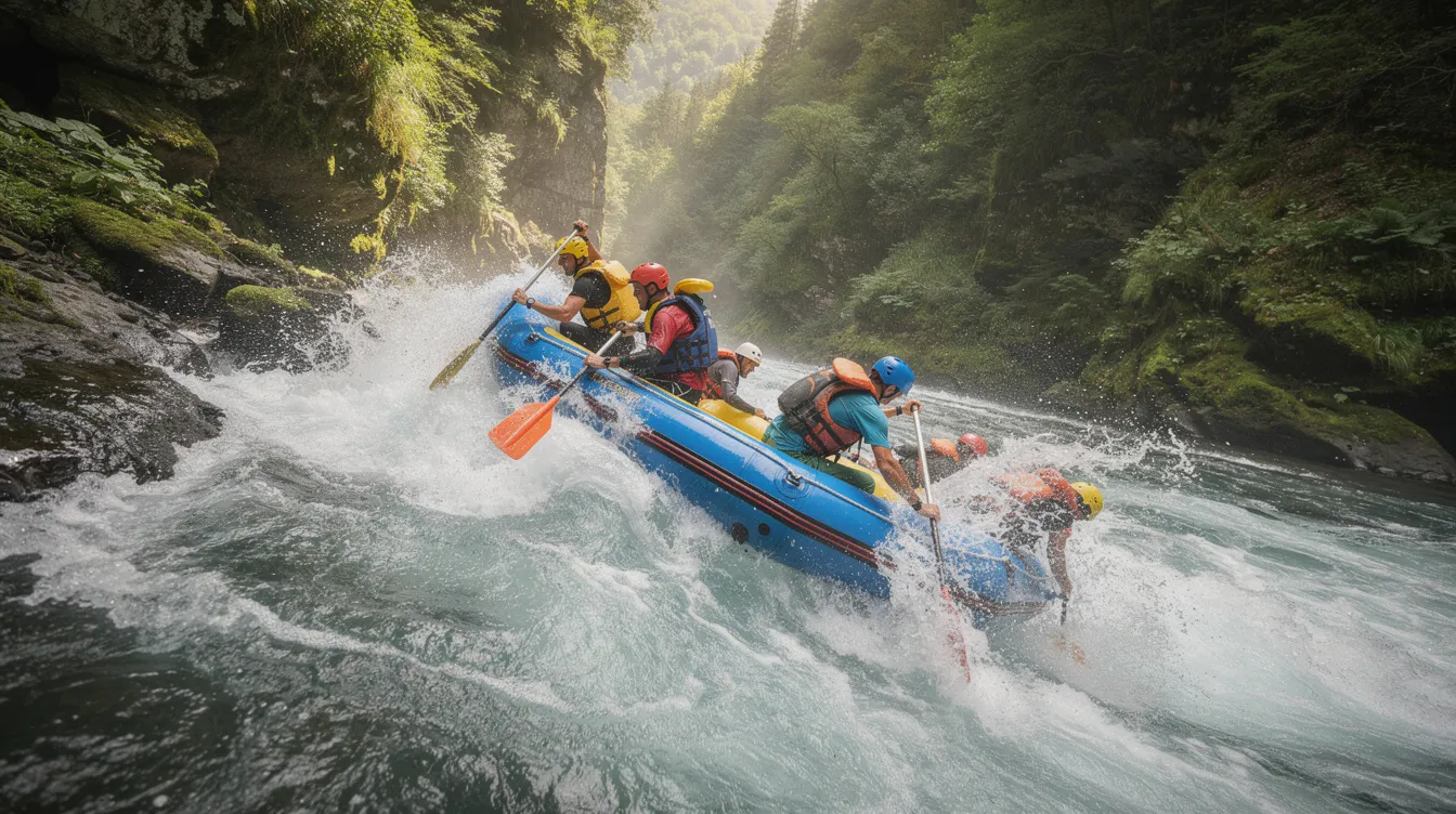 2dd5cd2847894b9fab3235ad2b7aa464 A group of adventurers is navigating a river in inflatable rafts through thrilling white water rapids surrounded by towering lush green canyon walls indicative of the stunning natural beauty found in West Virginia's New River Gorge. This action-packed scene captures the essence of outdoor adventure in a region known for its picturesque landscapes and vibrant river towns.