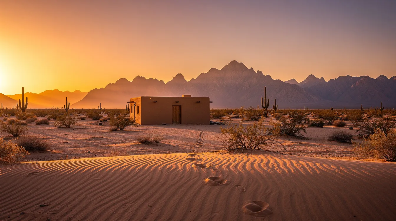 2e75e5dfcfb5471485df76a717e8a8e1 The image depicts a serene desert sunset with a small dwelling resembling a tiny home set against a backdrop of distant mountains This peaceful scene captures the essence of tiny house communities in Nevada highlighting the beauty of nature and the simplicity of living in a tiny space