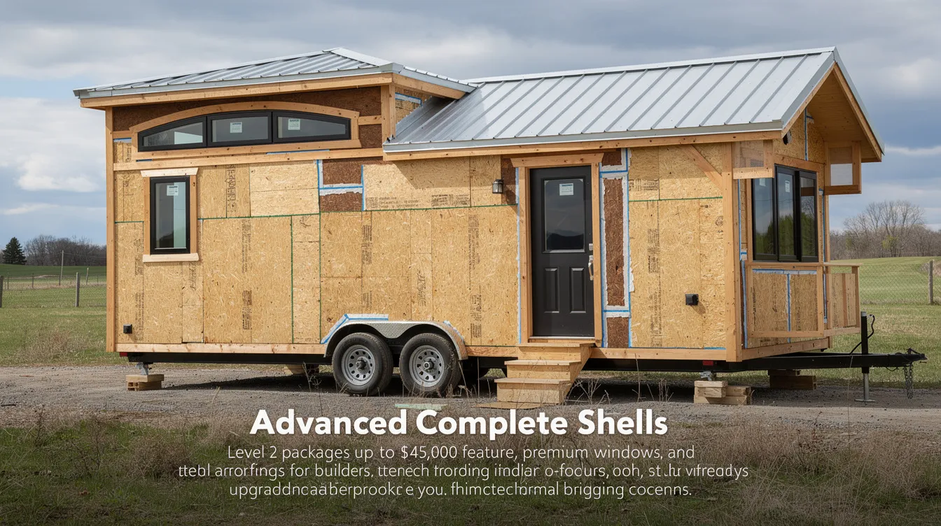2e80f70377ea4725a148d9dff6d7b61d The image depicts an advanced tiny house shell kit showcasing a well constructed exterior with premium windows and metal roofing This tiny home shell is designed for builders looking to focus on interior customization featuring plumbing rough in and upgraded insulation for enhanced weatherproofing