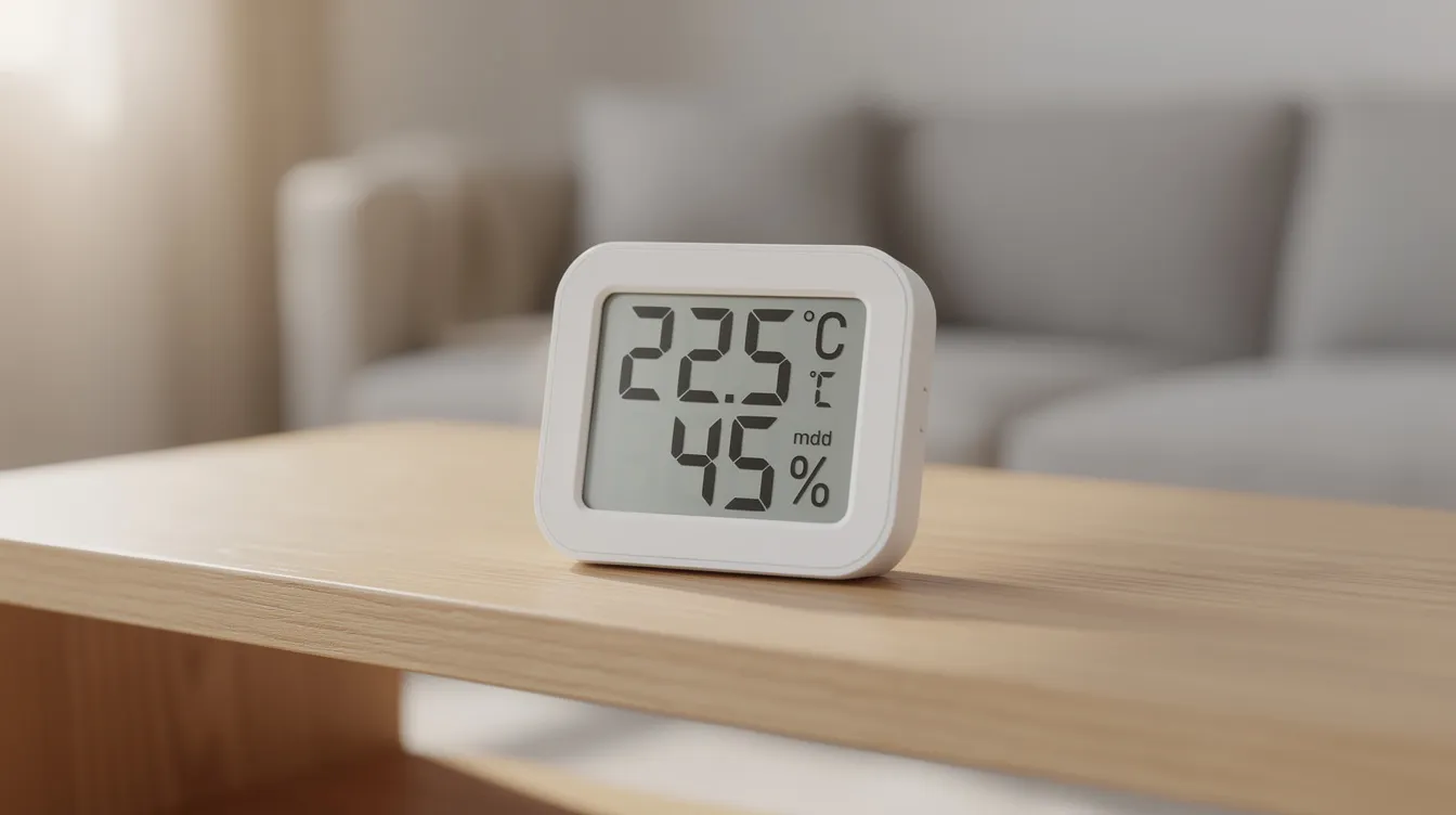 2e89b746b5114cf6a9d102a063306940 A digital hygrometer is displayed on a wooden shelf showing temperature and humidity readings which are essential for controlling humidity levels in tiny homes This device helps manage moisture buildup and prevent condensation issues in such a small space ensuring better air quality and comfort