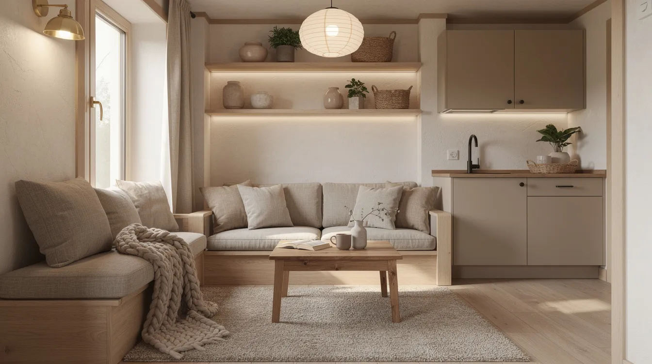 2ec42f48cf89488e89baf68ba5b059ec The image showcases a cozy tiny home interior featuring layered textures and warm lighting with a neutral color palette that enhances the inviting atmosphere Large windows allow ample natural light to fill the living space which includes a well designed ground floor bedroom and a dedicated workspace embodying the essence of tiny house living