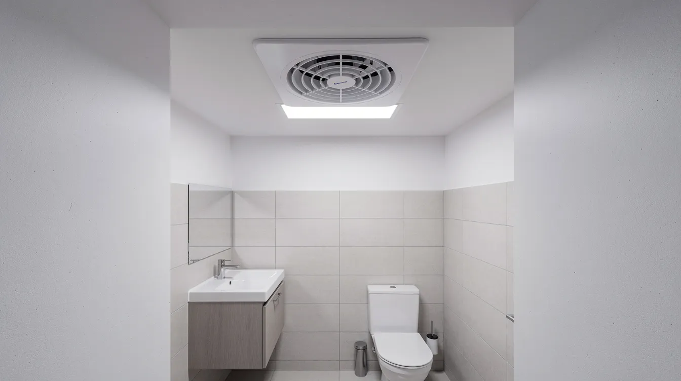 2f976e84086a4c9ba82b814a2167840b The image shows a small bathroom with an exhaust fan installed in the ceiling designed for effective air circulation in such a small space This fan helps control humidity levels preventing moisture buildup and mold growth ensuring fresh air in the compact bathroom