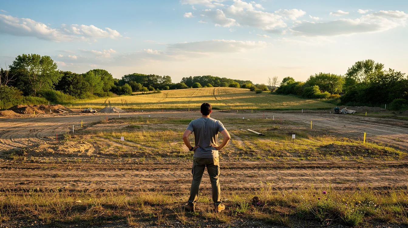 2fa50c0c823441509e205fe4191442e5 A person stands on open land gazing at a potential building site surrounded by trees and a clear blue sky envisioning a future tiny home or shipping container house in this serene outdoor setting The landscape offers a peaceful backdrop for creating a dream home that meets unique needs in a remote location