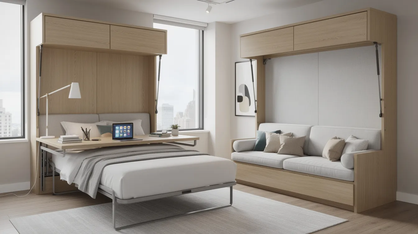 307f763442094e31b5b6ceeb6ceb839d The image features a stylish living area showcasing a queen size murphy bed kit that folds horizontally against the wall maximizing valuable floor space Integrated into the design are dual function elements like a desk allowing the living space to remain productive while the hidden bed is stored perfect for accommodating guests in a spare room or home office