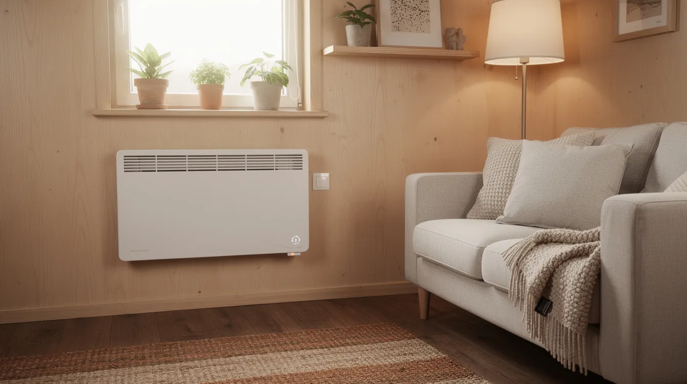 309341ab0d5b49909ad194a7580e33bf The image depicts a wall mounted electric heater in the warm and inviting interior of a cozy tiny house showcasing a practical heating option for small spaces The heater's sleek design complements the rustic decor, providing efficient electric heat during the cold winter months.