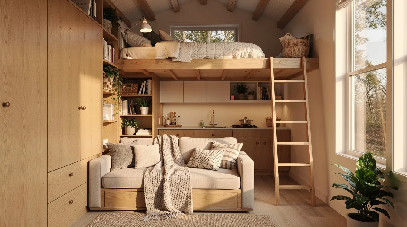 3143028ae5ca4b82a98e6c80688c561b The image depicts the interior of a cozy tiny home showcasing a living space with built in wooden storage and a sleeping loft above highlighting the efficient use of space characteristic of tiny living This tiny house design emphasizes comfort and functionality perfect for those considering buying a tiny home