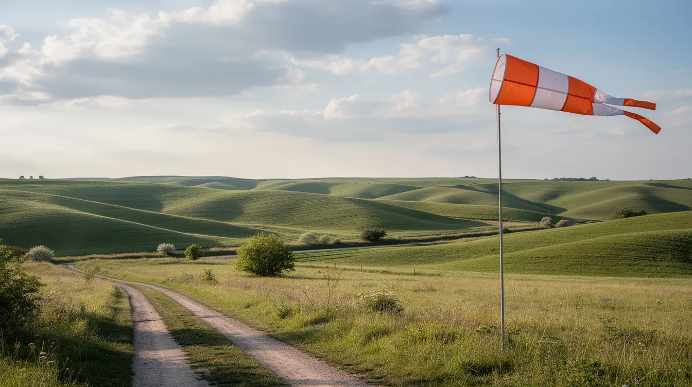 31e083809d814eceb90e0f4db9b4ac01 The image depicts a wide open rural landscape featuring rolling hills with a wind sock prominently indicating the direction of the wind This scene highlights the potential for wind power generation showcasing the natural resources available for small wind turbine systems to produce electricity in a serene setting