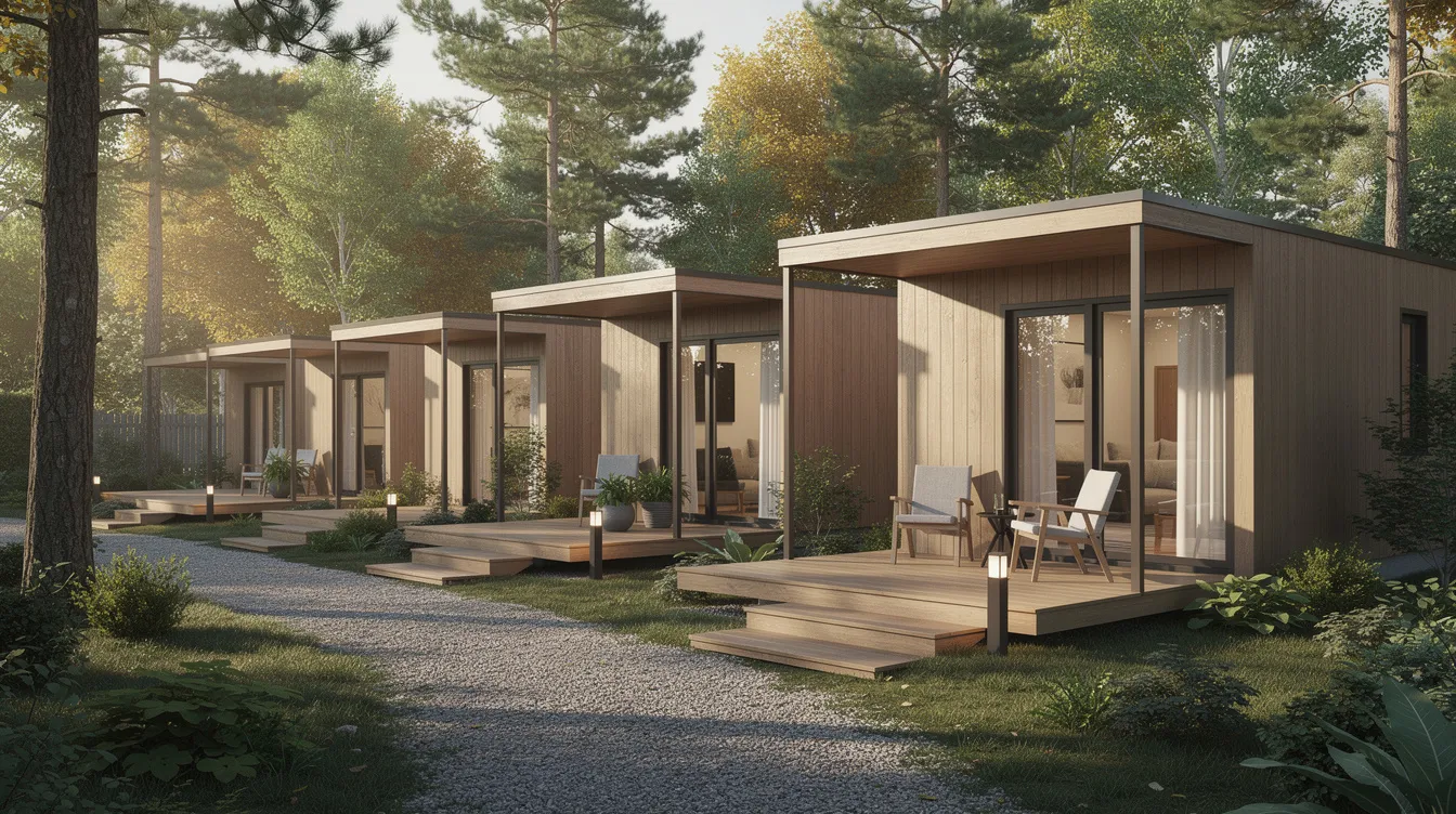 32e1c07eba144637962f10d638b0b554 A row of modern tiny homes each featuring wooden decks and small porches is nestled in a tranquil wooded setting ideal for tiny living This tiny home community in Nebraska offers comfortable living spaces for small families with shared amenities like a fire pit creating a cozy atmosphere for neighbors and friends to connect