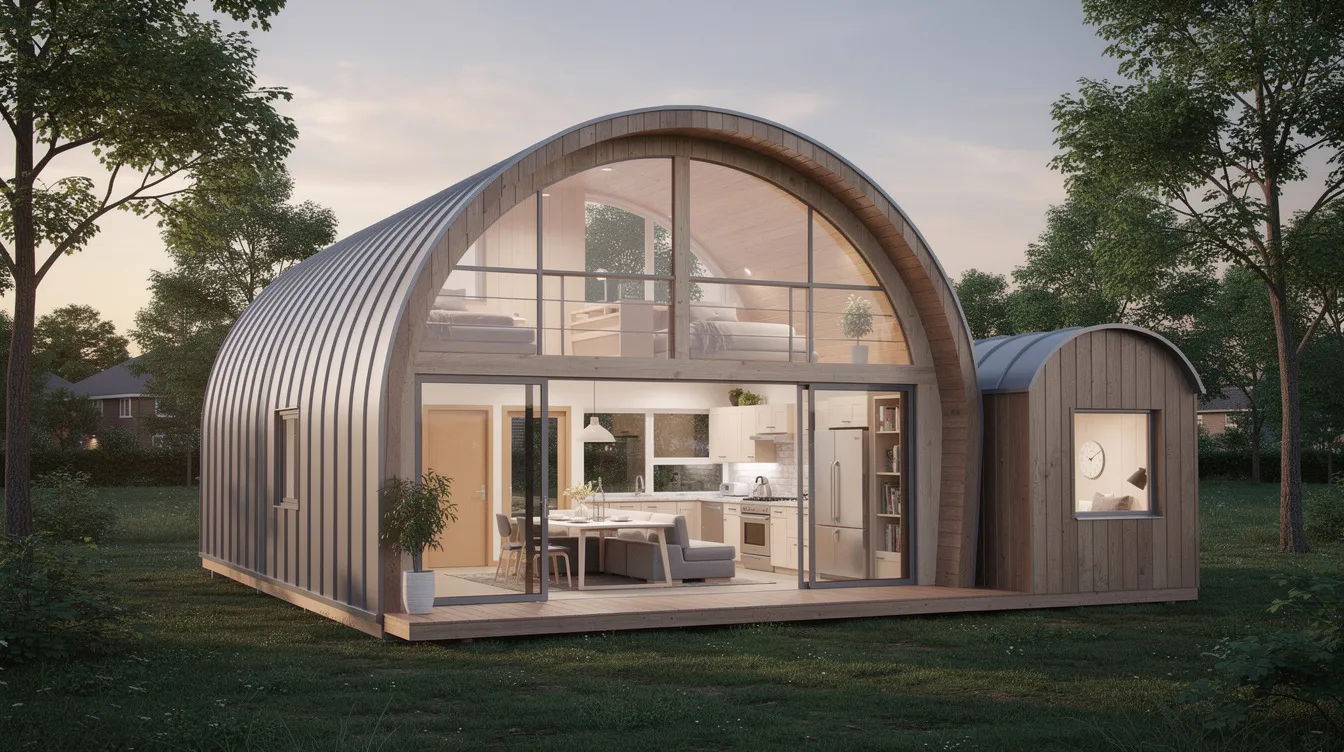 3313c8743948437a804562c1a59a4bd4 The image depicts a spacious arched cabin showcasing a modern style prefab home with a layout that includes two bedrooms and an open living room filled with natural light from oversized windows This affordable prefab house kit priced under 000 features a loft for additional sleeping space and is designed for accessibility making it suitable for families and elderly residents alike