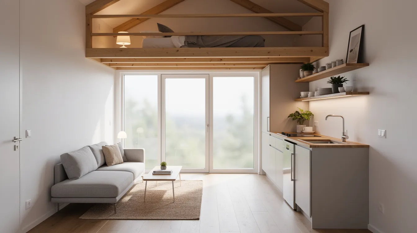 3370dbc1e2254a4c9fe7ba1c9257e860 The image depicts a modern tiny home interior featuring a cozy loft bedroom a compact kitchen and large windows that fill the space with natural light This minimalist design highlights the potential of tiny houses as profitable rental properties for Airbnb hosts appealing to travelers seeking affordable short term rentals