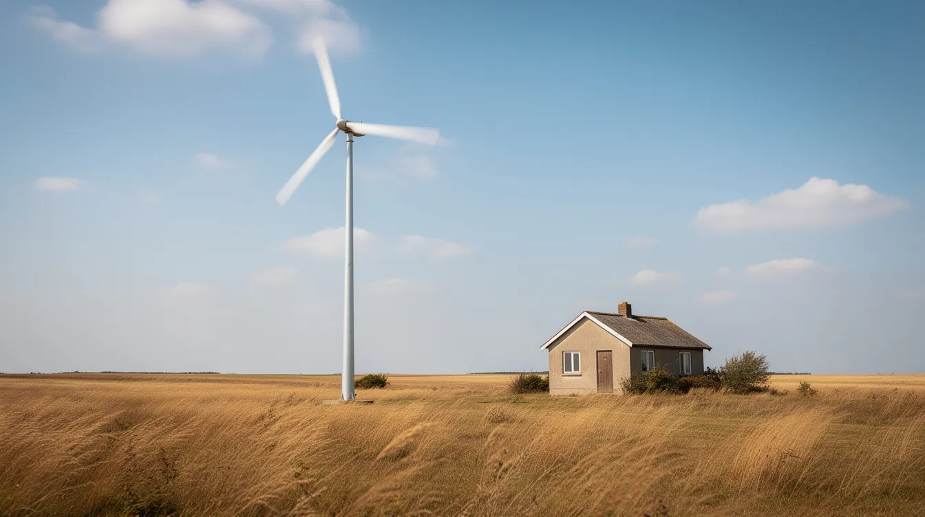 33731fb5108449d59336fef337e12840 A small wind turbine is mounted on a tall tower in an open rural field with its spinning blades harnessing wind energy to produce electricity In the background a tiny house sits symbolizing the potential for residential wind power systems to provide renewable energy for homes