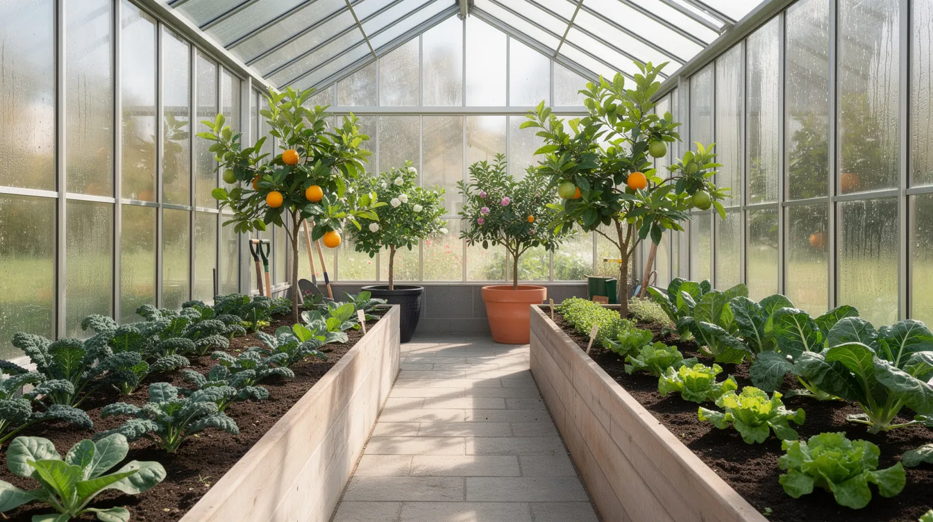 33f19e1ad00b457a97a8171d67e7002b The interior of a greenhouse features raised garden beds brimming with leafy vegetables and small fruit trees in pots all illuminated by natural light streaming through the glass ceiling and walls This attached greenhouse serves as a vibrant space for food production creating a lush living area filled with life and greenery