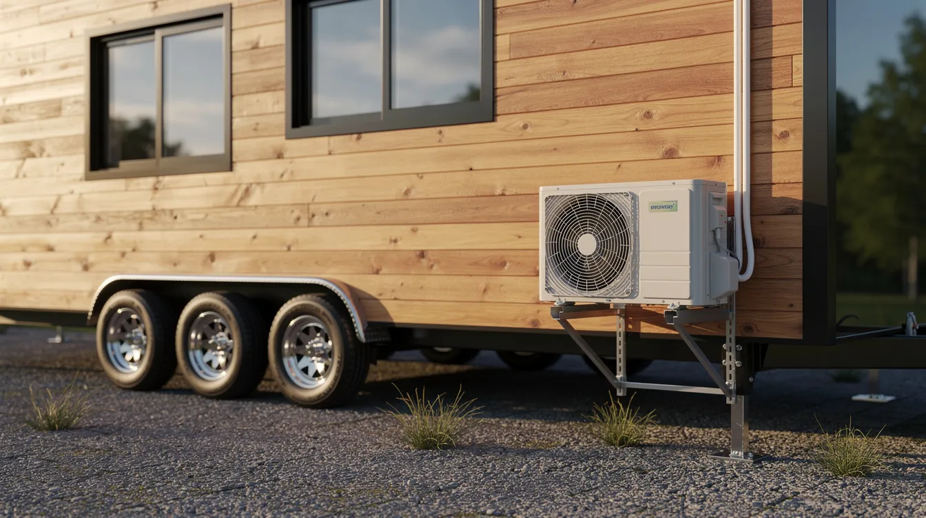 340737dcb18343f88116e0b57d4edf7c A compact outdoor mini split unit is installed beside a small wooden tiny house on wheels providing an energy efficient heating and cooling solution This ductless mini split system offers independent climate control ensuring comfort for tiny homeowners without the need for space consuming ductwork