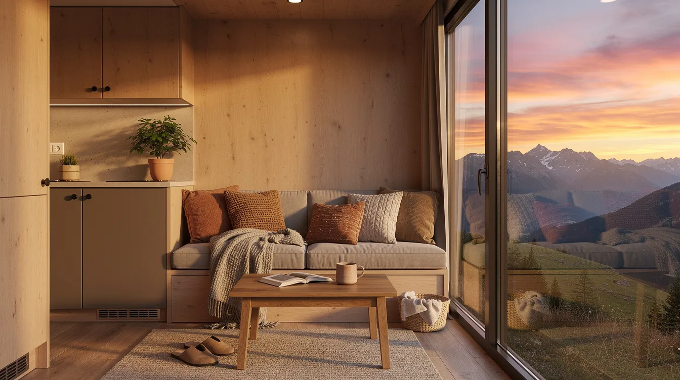 341d9901de854777b977d9eb3b36f6a9 The image showcases the cozy interior of a tiny home featuring large windows that frame a breathtaking sunset view over the mountains of West Virginia The warm ambiance of the space designed for comfort highlights the charm of tiny house living in this picturesque location