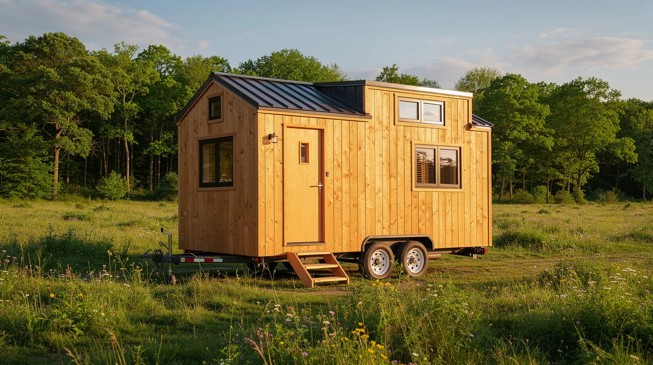 3583998281264693adc425d51cca57bb A small wooden tiny house on wheels is parked in a lush grassy meadow surrounded by trees embodying the essence of the tiny house movement This affordable tiny home showcases smart material choices and a design that maximizes natural light perfect for those looking to save money while enjoying tiny living