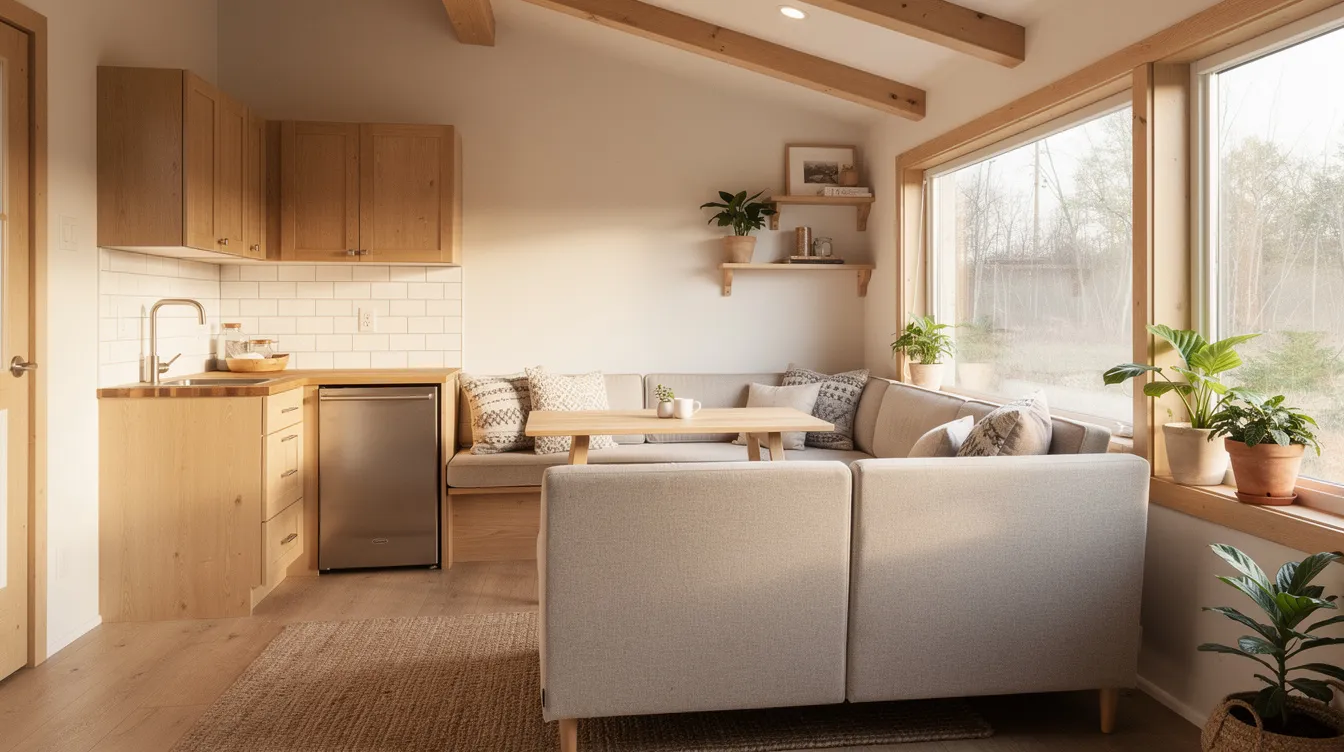 3696164fa1aa48f1a2dd982cc5c6716c The image depicts the interior of a tiny house featuring an open concept living area that includes a cozy small kitchen a dining nook and a comfortable couch all illuminated by warm natural light This inviting tiny living space showcases the charm of tiny house life emphasizing efficient use of space and a sense of togetherness