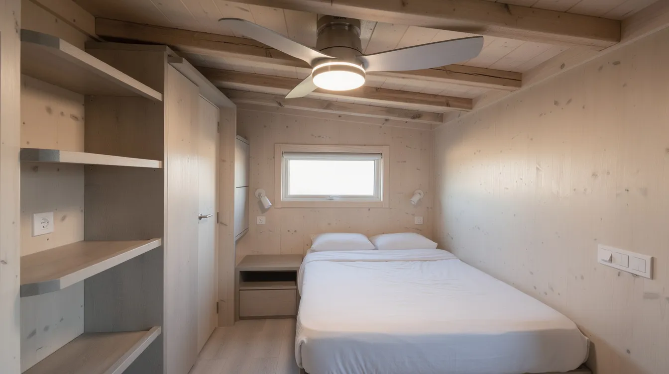 36c18d0e9ff1497ca258bd75b5d2bd83 The image features a compact ceiling fan with an integrated LED light mounted on the ceiling of a tiny house loft bedroom designed to provide efficient air circulation and cooling solutions during the summer months This energy efficient fan helps minimize heat gain ensuring a comfortable temperature in the limited space of the tiny home