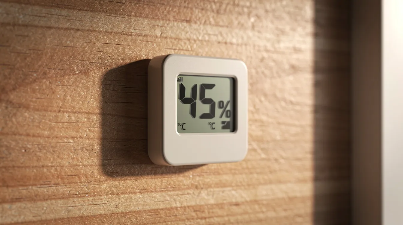 36d61235fa874f5495c3d73d3ba0bd8a A small hygrometer device is mounted on an interior wooden wall displaying the current humidity level which is essential for maintaining good air quality and preventing moisture buildup in tiny homes This device helps monitor indoor humidity to avoid mold growth and ensure proper ventilation in enclosed spaces