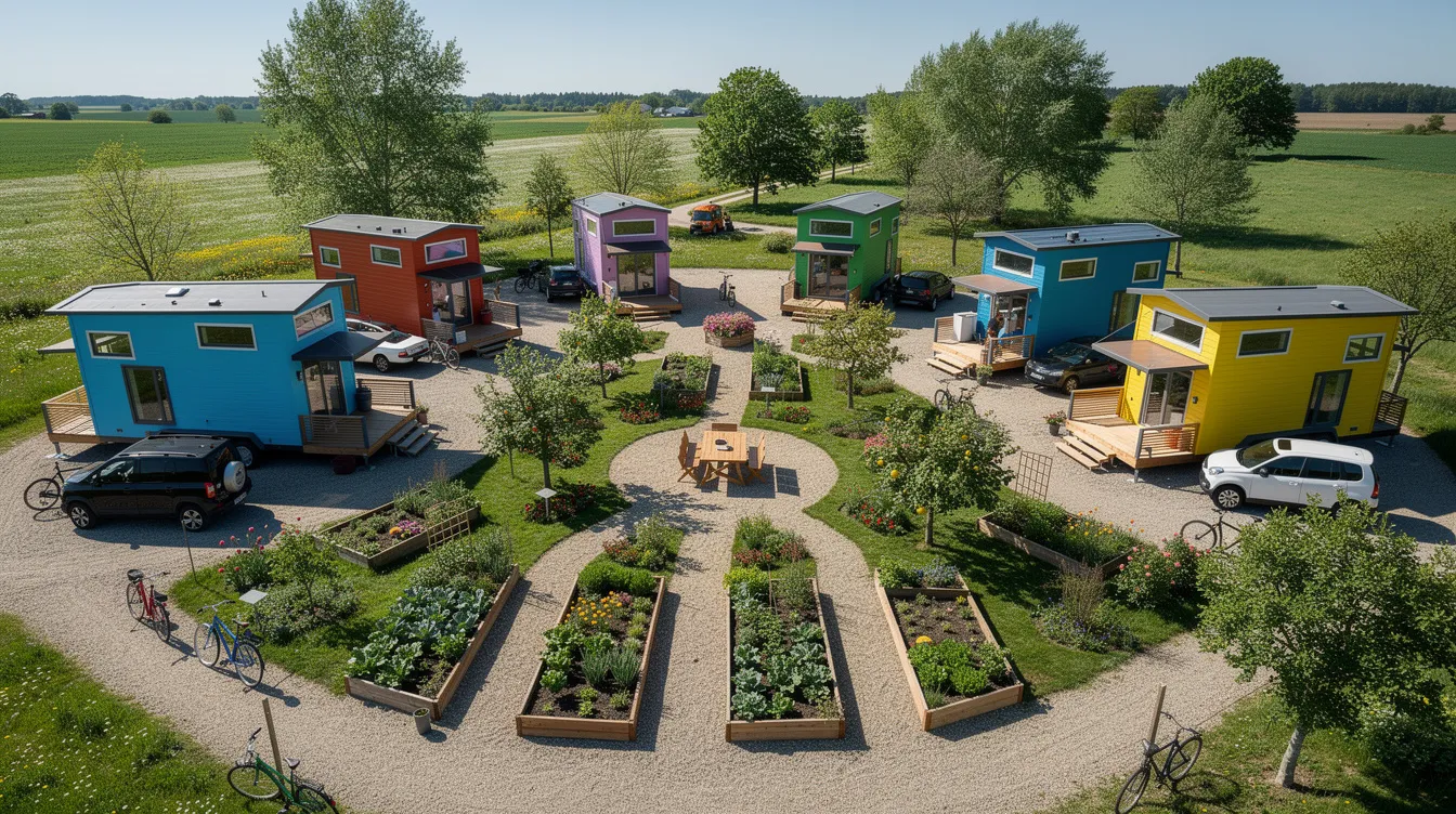 3707cbe9621f4ef0b1b95e3c8be2d8d1 An aerial view showcases a vibrant tiny home community featuring several colorful tiny houses arranged around a shared garden space highlighting the essence of the tiny house movement and its potential as affordable housing options This layout emphasizes the sense of community among tiny homes which can serve as permanent residences in compliance with local regulations and building codes