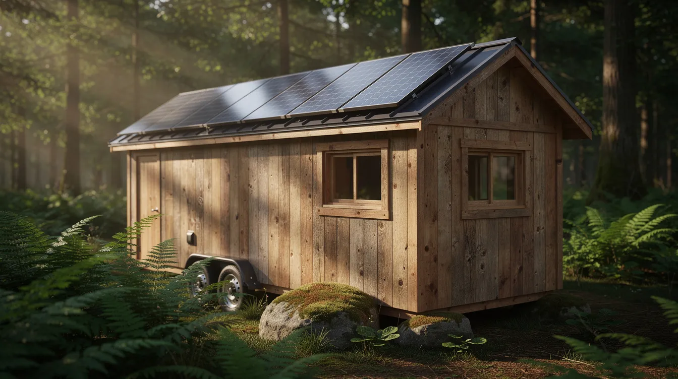 375e59a42f5748648c91dbde45babb48 A rustic wooden tiny home equipped with small solar panels is nestled among lush ferns embodying the essence of island living in Hawaii This scene reflects the tiny home craze showcasing a sustainable and affordable housing option that harmonizes with the natural environment