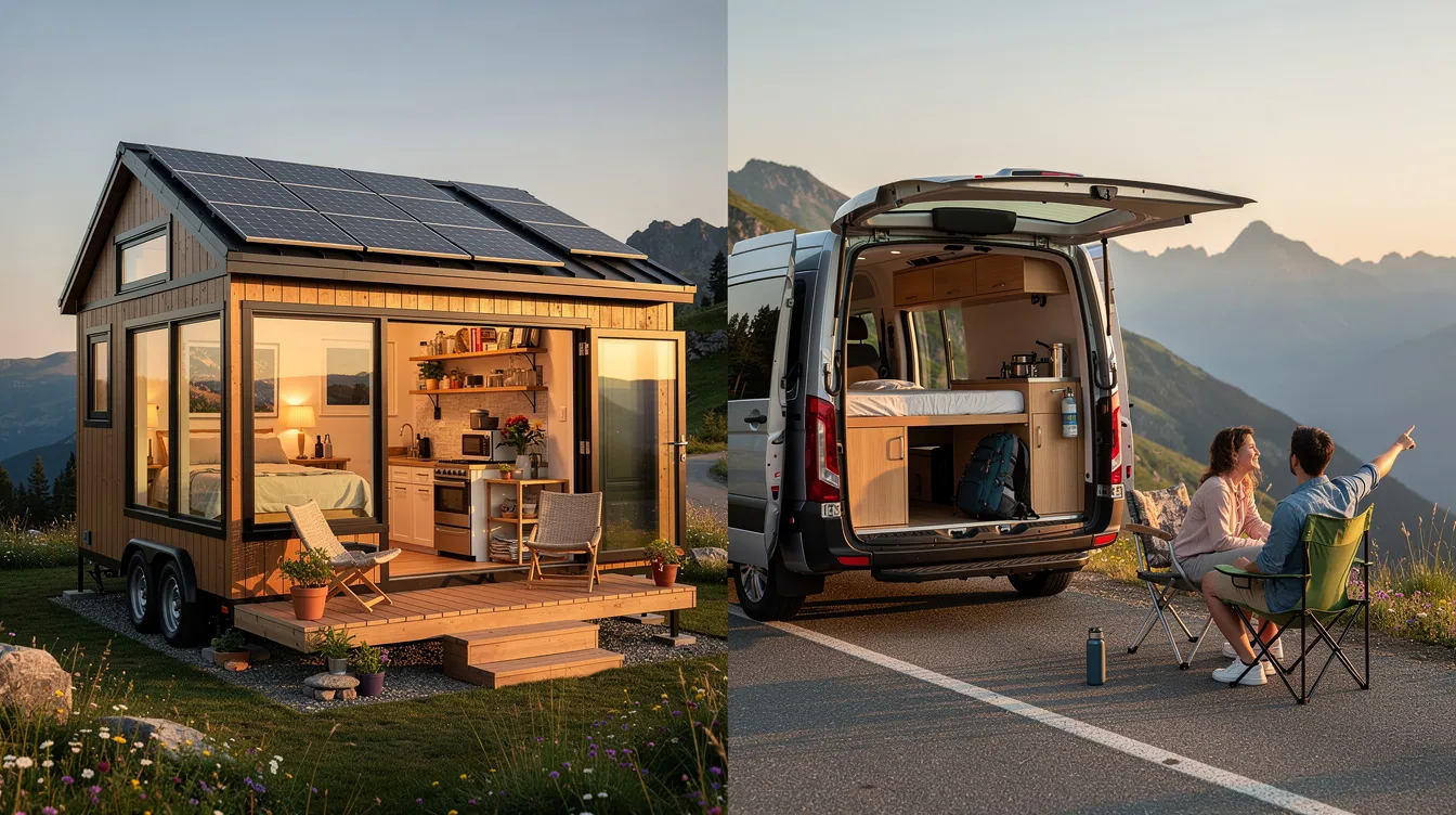 378622badec643688b7209806ab504e1 The image illustrates the key differences between tiny house living and van life showcasing a cozy tiny house with full amenities on one side and a mobile van conversion parked in a scenic location on the other This visual highlights the contrast between the stability and comfort of tiny homes which offer more room and storage space and the adventurous flexible lifestyle of van dwellers who prioritize mobility and the freedom to park overnight in various locations
