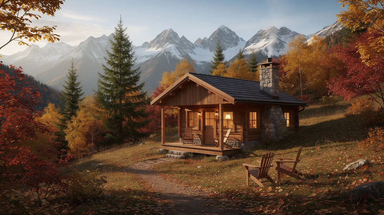 37b693a1a2bf4cb2b25b15e86708b3ea A cozy mountain cabin nestled among vibrant autumn foliage with stunning views of the Appalachian mountains in the background This peaceful setting embodies the charm of tiny home living perfect for those seeking a serene escape in nature