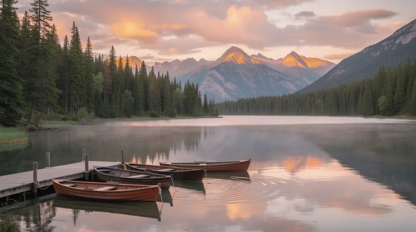 37e605dea9fe4feb8a41a86221576d13 The image captures a serene mountain lake at sunset with small boats gently floating on the water and a lush forested shoreline The warm colors of the sunset reflect on the lake's surface, creating a peaceful atmosphere perfect for tiny home communities in Idaho, where outdoor adventures like hiking trails abound.