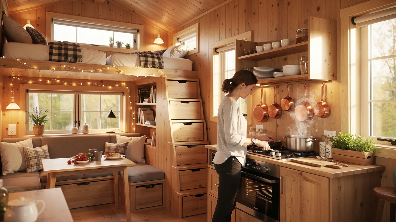 37f9637598614298a62a1e67300d3224 The image depicts a cozy tiny house interior designed for family living featuring loft beds and a functional cooking area that maximizes storage space This small house exemplifies tiny home living where family members can enjoy fresh air and comfortable moments together