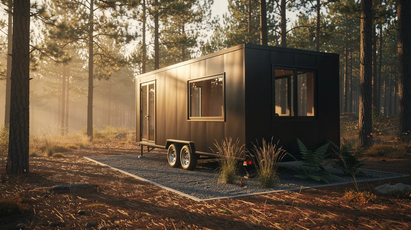 382a9c71ebad449799825f7679842a21 A tiny house on wheels with sleek black metal siding is parked in a serene pine forest clearing bathed in the warm light of golden hour This example of tiny house design showcases a compact living space that embodies the principles of the tiny house movement emphasizing energy efficiency and sustainable living