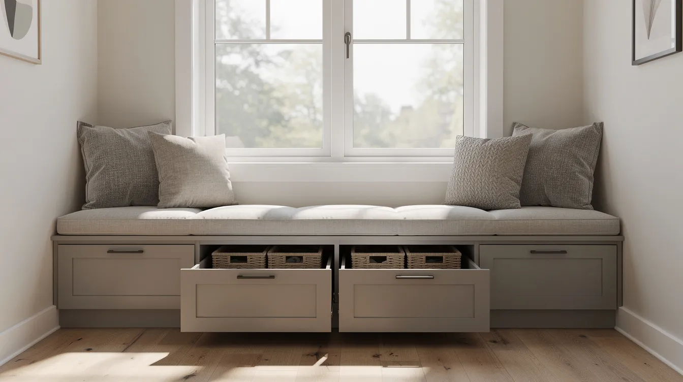 3871a1e0bec54f8484ce4a592f3e51cc The image features a custom built in window bench seating in a small room designed for tiny house living The bench includes storage compartments underneath maximizing space while allowing natural light to fill the area creating an inviting and functional living space
